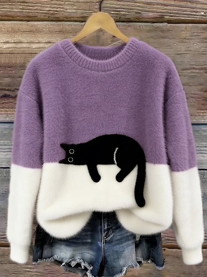 Camille | Pull Femme Décontracté en Maille Douce avec Motif de Chat Noir