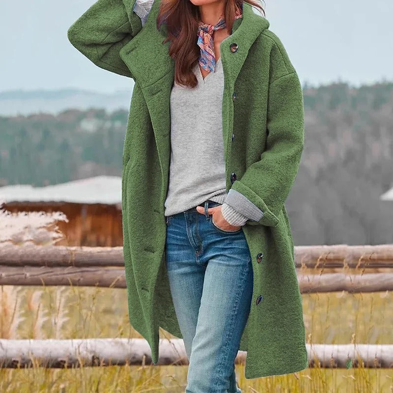 Aurélie | Manteau Long Femme Hiver à Capuche - Confort et Style avec Boutonnage Frontale et Poches Fonctionnelles
