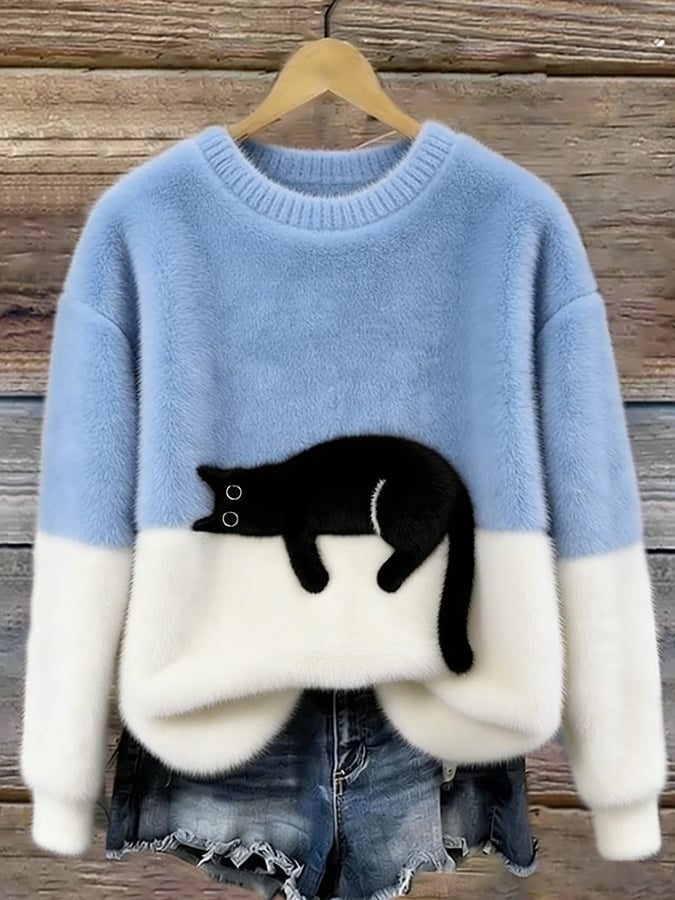 Camille | Pull Femme Décontracté en Maille Douce avec Motif de Chat Noir