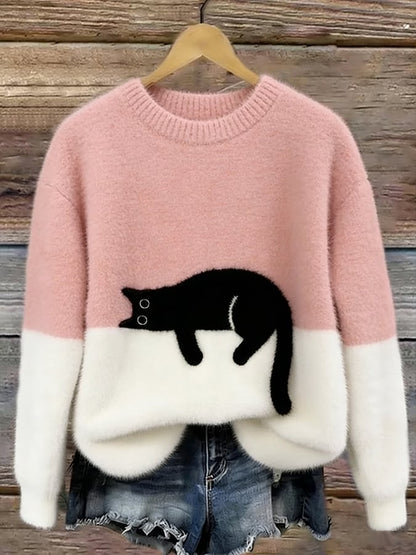 Camille | Pull Femme Décontracté en Maille Douce avec Motif de Chat Noir