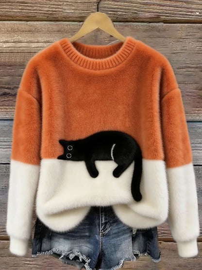Camille | Pull Femme Décontracté en Maille Douce avec Motif de Chat Noir