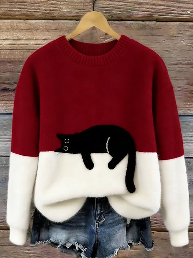Camille | Pull Femme Décontracté en Maille Douce avec Motif de Chat Noir