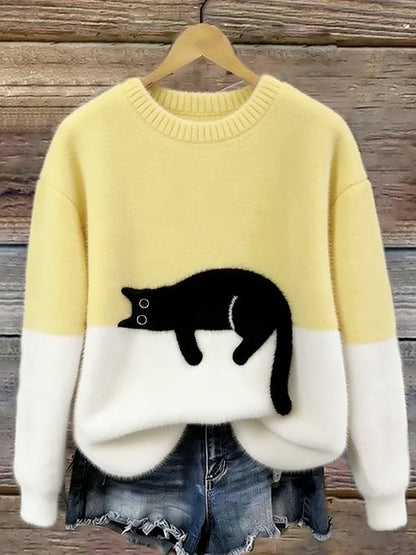 Camille | Pull Femme Décontracté en Maille Douce avec Motif de Chat Noir