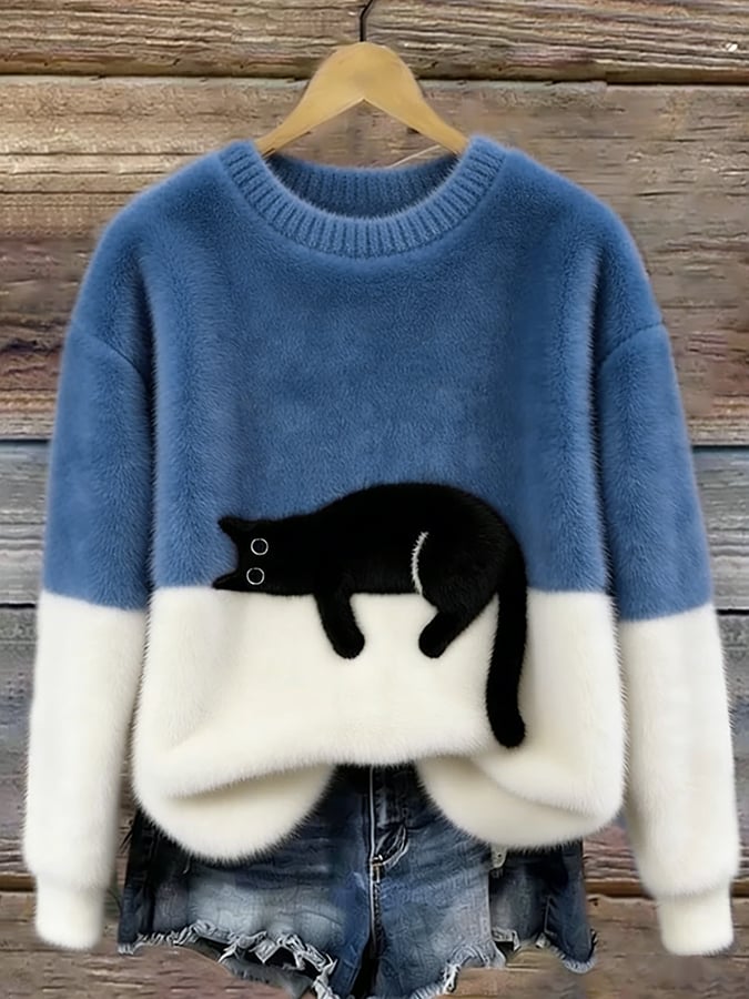 Camille | Pull Femme Décontracté en Maille Douce avec Motif de Chat Noir