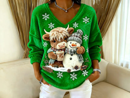 Joséphine | Pull Hiver Festif avec Bonhomme de Neige et Col en V