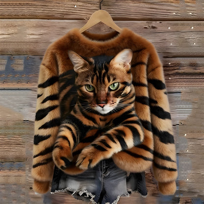 Éva | Pull Femme Amusant Imprimé Chat et Tigre Décontracté