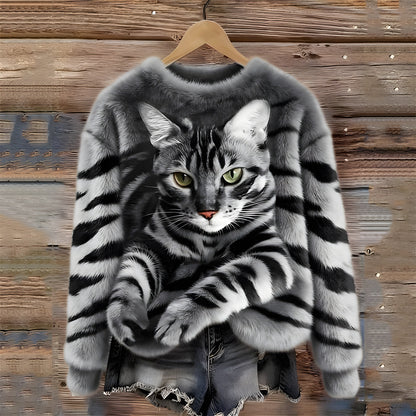 Éva | Pull Femme Amusant Imprimé Chat et Tigre Décontracté