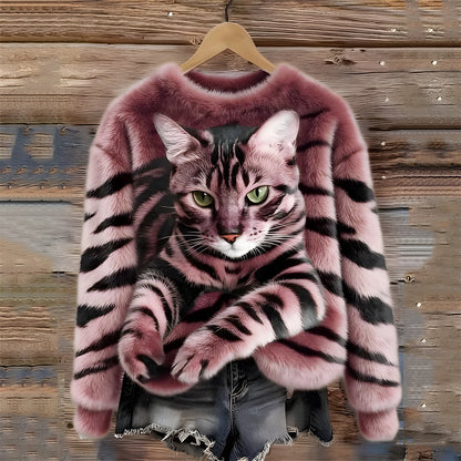 Éva | Pull Femme Amusant Imprimé Chat et Tigre Décontracté