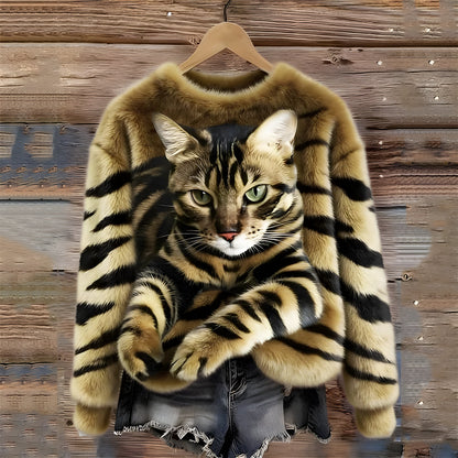 Éva | Pull Femme Amusant Imprimé Chat et Tigre Décontracté
