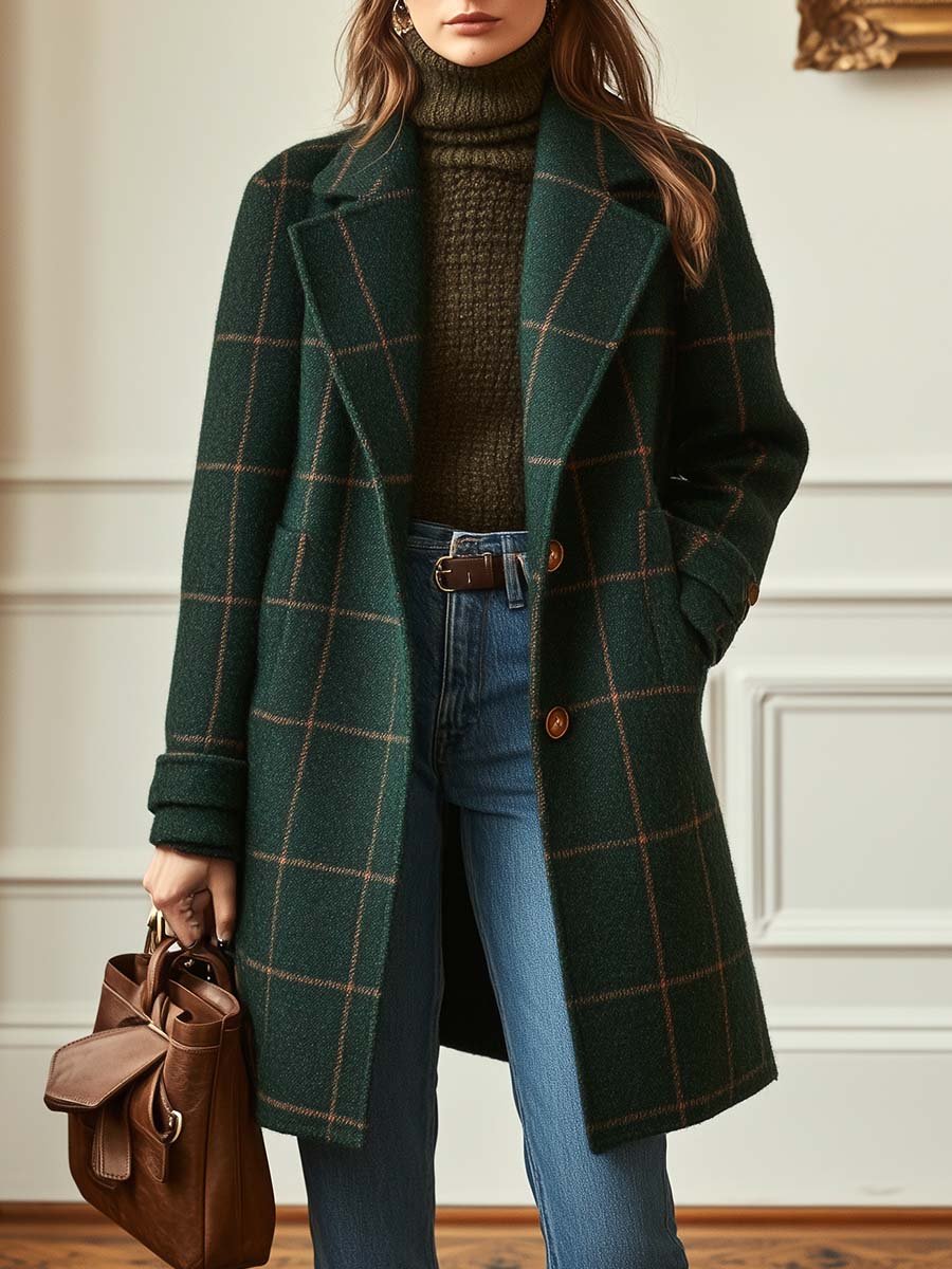 Valeria | Manteau Hiver Femme en Laine à Carreaux, Long et Cintré pour Élégance et Confort
