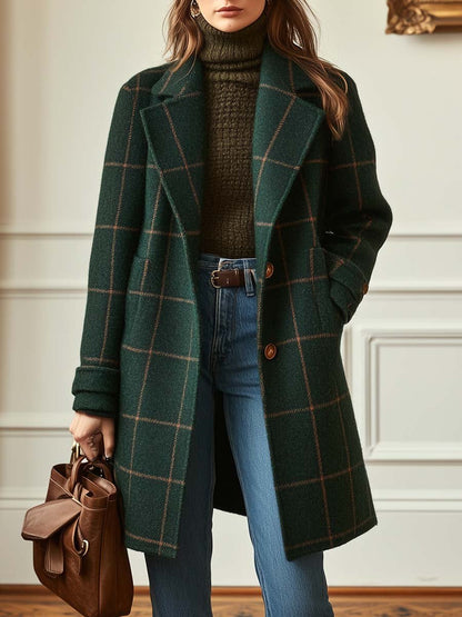 Valeria | Manteau Hiver Femme en Laine à Carreaux, Long et Cintré pour Élégance et Confort