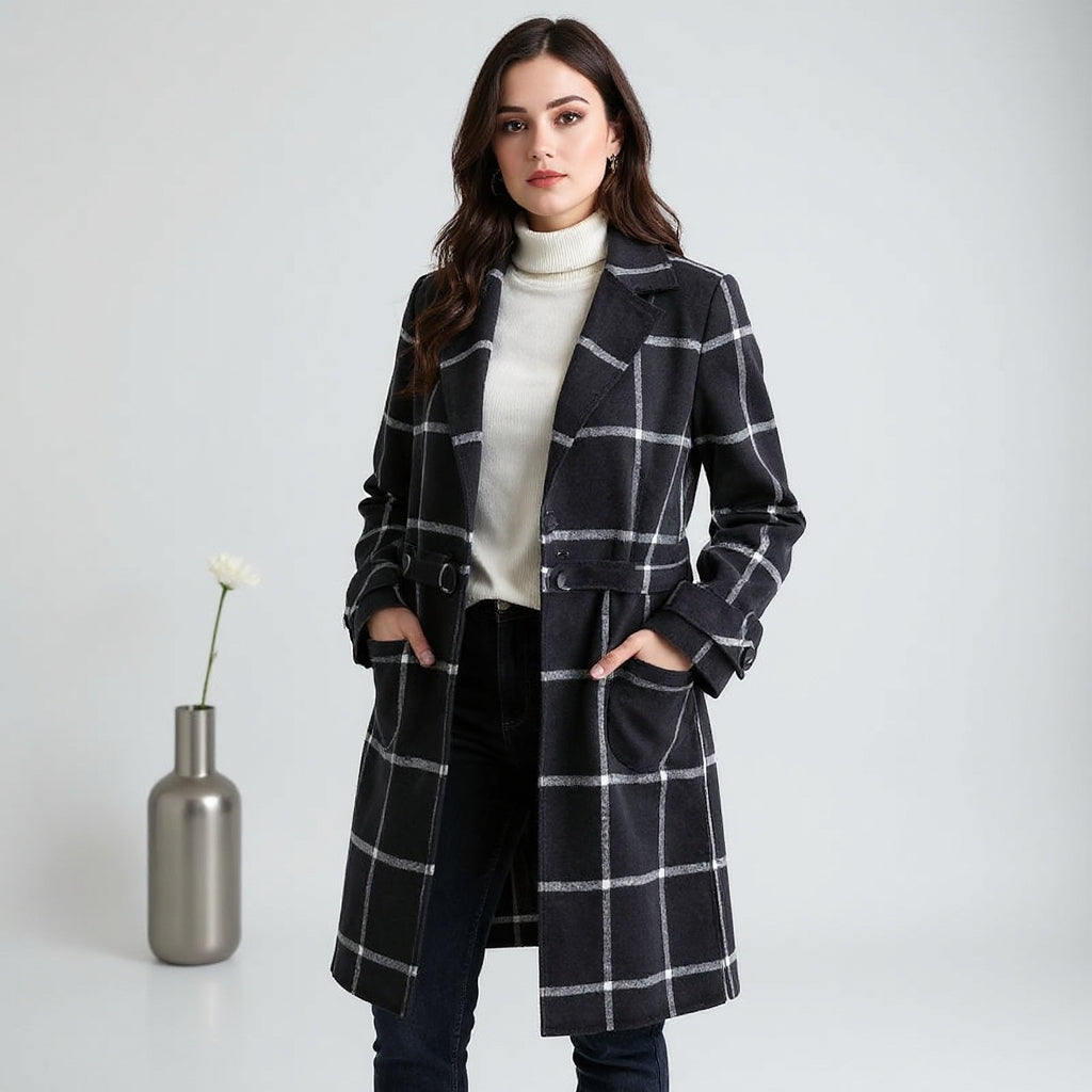 Valeria | Manteau Hiver Femme en Laine à Carreaux, Long et Cintré pour Élégance et Confort