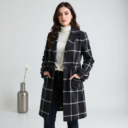 Valeria | Manteau Hiver Femme en Laine à Carreaux, Long et Cintré pour Élégance et Confort
