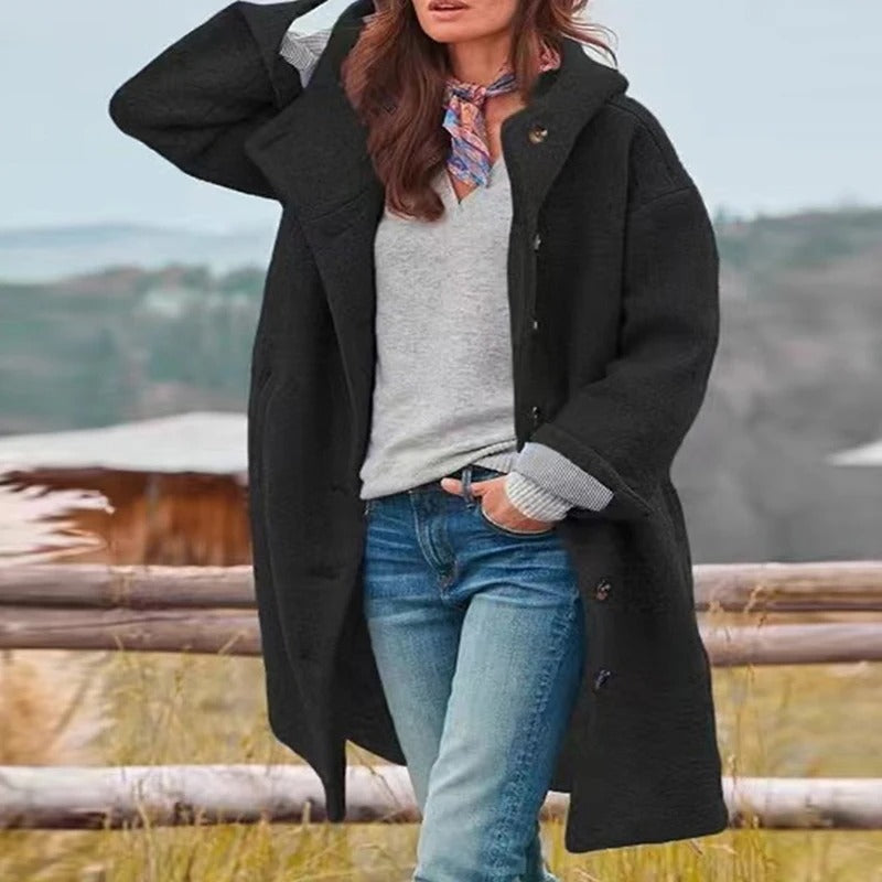 Aurélie | Manteau Long Femme Hiver à Capuche - Confort et Style avec Boutonnage Frontale et Poches Fonctionnelles