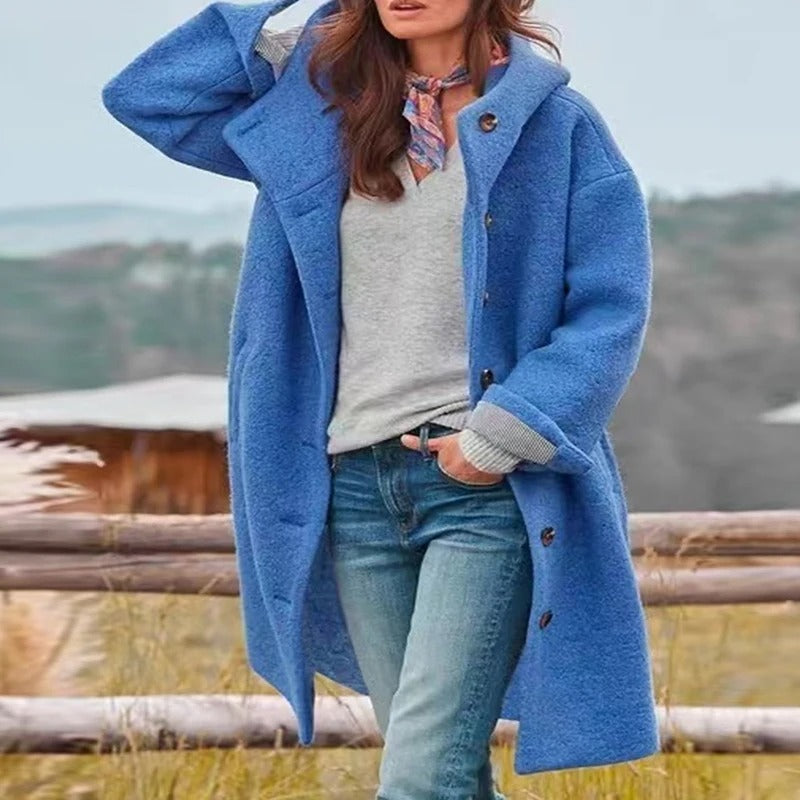 Aurélie | Manteau Long Femme Hiver à Capuche - Confort et Style avec Boutonnage Frontale et Poches Fonctionnelles