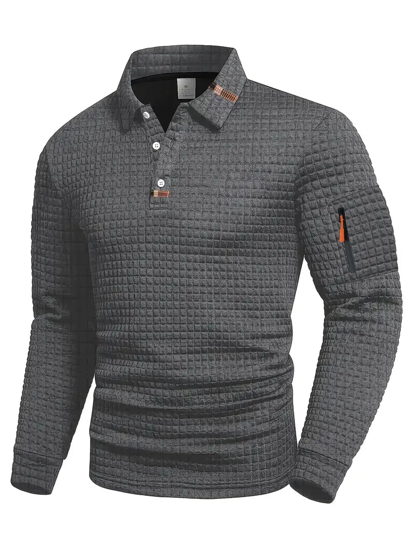 Maël | Polo Homme à Manches Longues en Tissu Structuré avec Poche Zippée et Col à Boutons