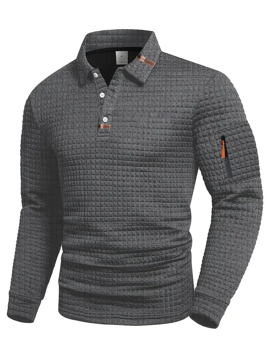 Maël | Polo Homme à Manches Longues en Tissu Structuré avec Poche Zippée et Col à Boutons