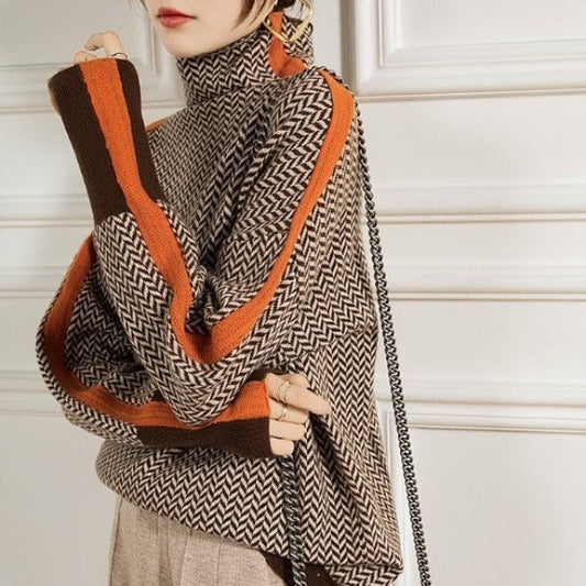 Aimée | Pull Col Montant Femme avec Rayures Contrastées