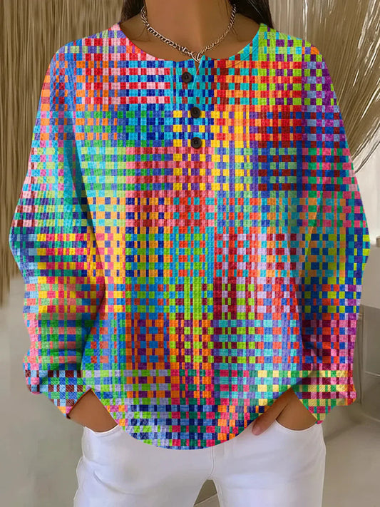 Chiara | Pull Femme à Motif à Carreaux Colorés en Tissu Waffle Doublé