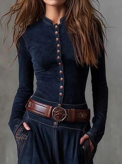 Lina | Robe Longue Femme Maxi Vintage avec Col Montant et Panneau à Carreaux