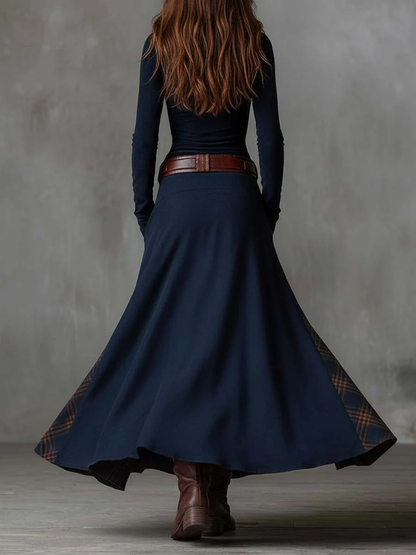 Lina | Robe Longue Femme Maxi Vintage avec Col Montant et Panneau à Carreaux