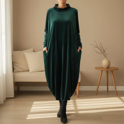 Maëlys | Robe Longue Femme en Velours Polyester avec Col Montant et Poches Latérales