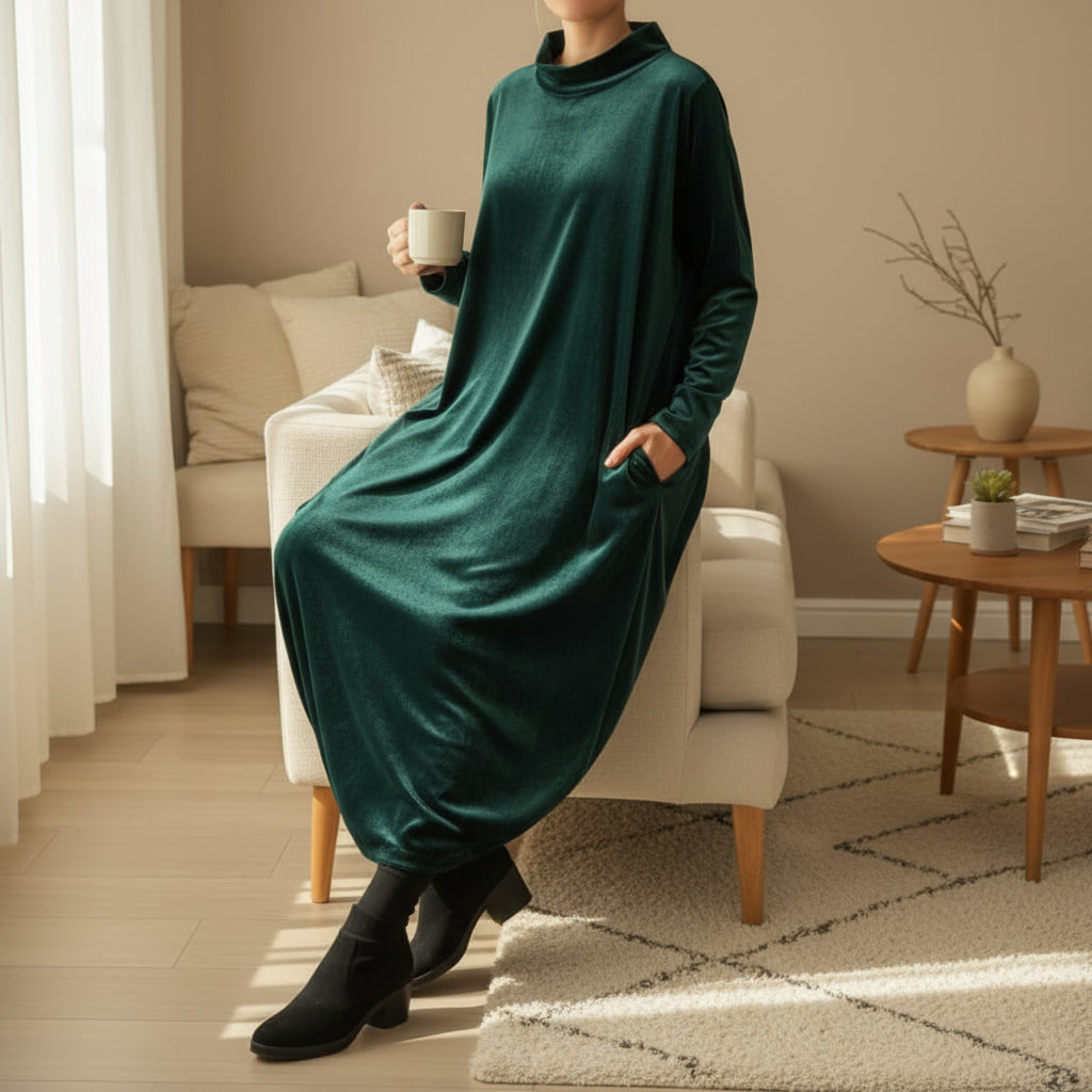 Maëlys | Robe Longue Femme en Velours Polyester avec Col Montant et Poches Latérales