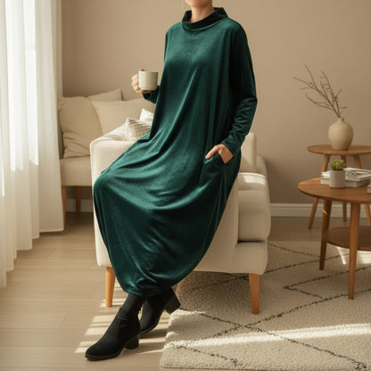 Maëlys | Robe Longue Femme en Velours Polyester avec Col Montant et Poches Latérales