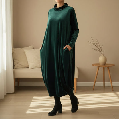 Maëlys | Robe Longue Femme en Velours Polyester avec Col Montant et Poches Latérales