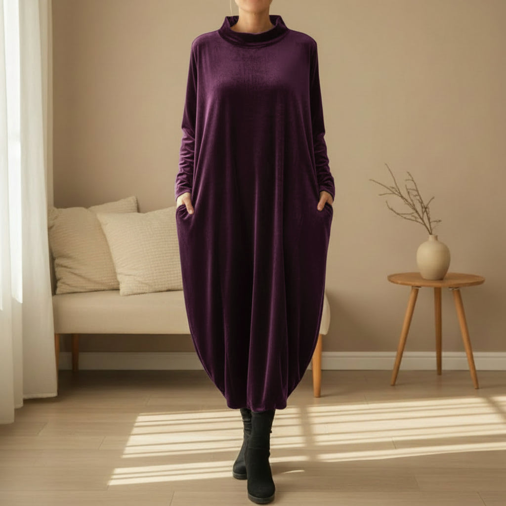 Maëlys | Robe Longue Femme en Velours Polyester avec Col Montant et Poches Latérales