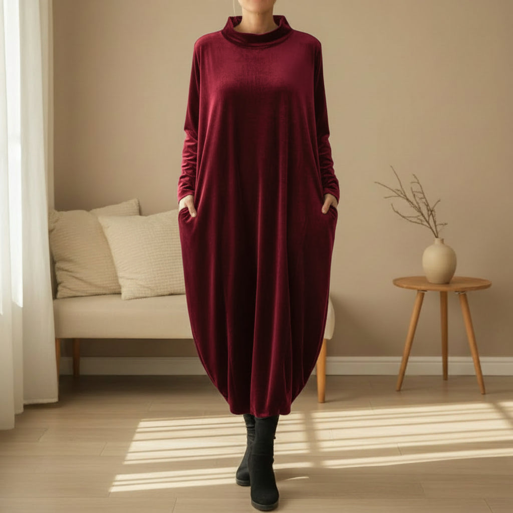 Maëlys | Robe Longue Femme en Velours Polyester avec Col Montant et Poches Latérales