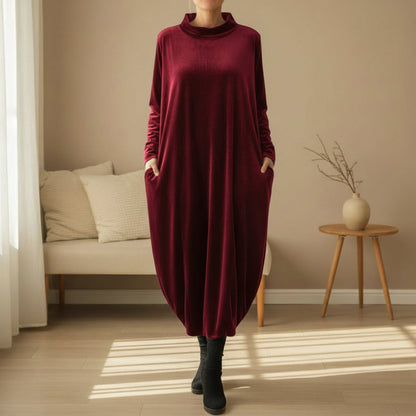 Maëlys | Robe Longue Femme en Velours Polyester avec Col Montant et Poches Latérales
