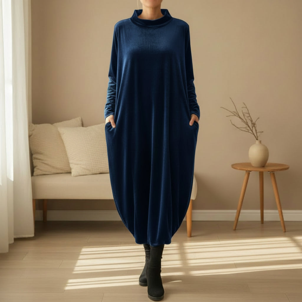 Maëlys | Robe Longue Femme en Velours Polyester avec Col Montant et Poches Latérales