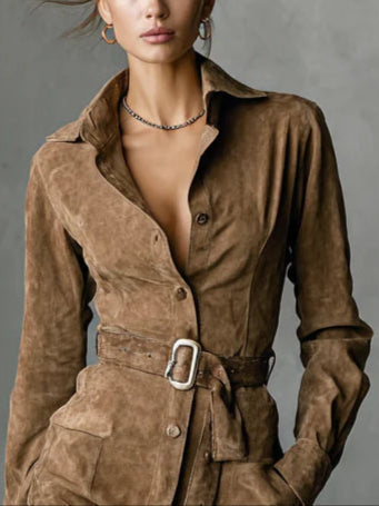 Nora | Robe Midi Femme Élégante à Manches Longues avec Col à Revers