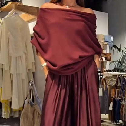 Marie | Ensemble Tailleur Femme Chic à Épaules Dégagées et Pantalon Ample