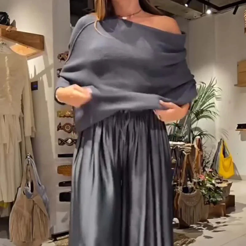 Marie | Ensemble Tailleur Femme Chic à Épaules Dégagées et Pantalon Ample
